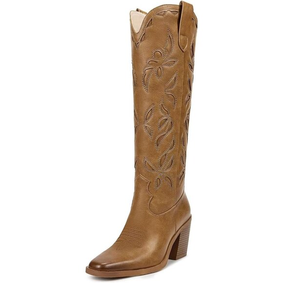 Women Knee Matte Brown Faux Leather Pull On Tab Chunky Heel...
